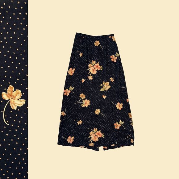 1970s floral polka dot skirt, size 8 vintage 70s/80s black & beige maxi skirt - Picture 1 of 7